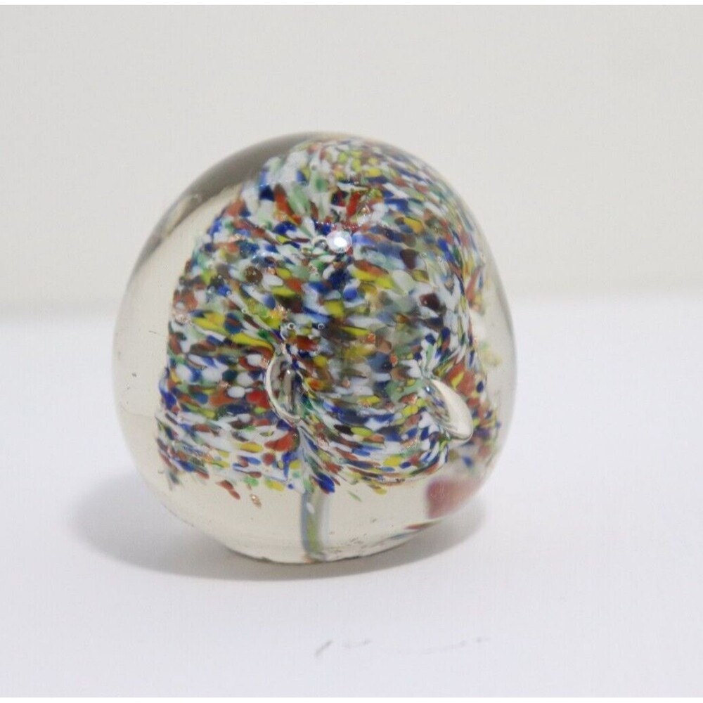 Vintage Art Glass Paperweight Clear 2.5" Abstract Tree Controlled Bubbles 1970s